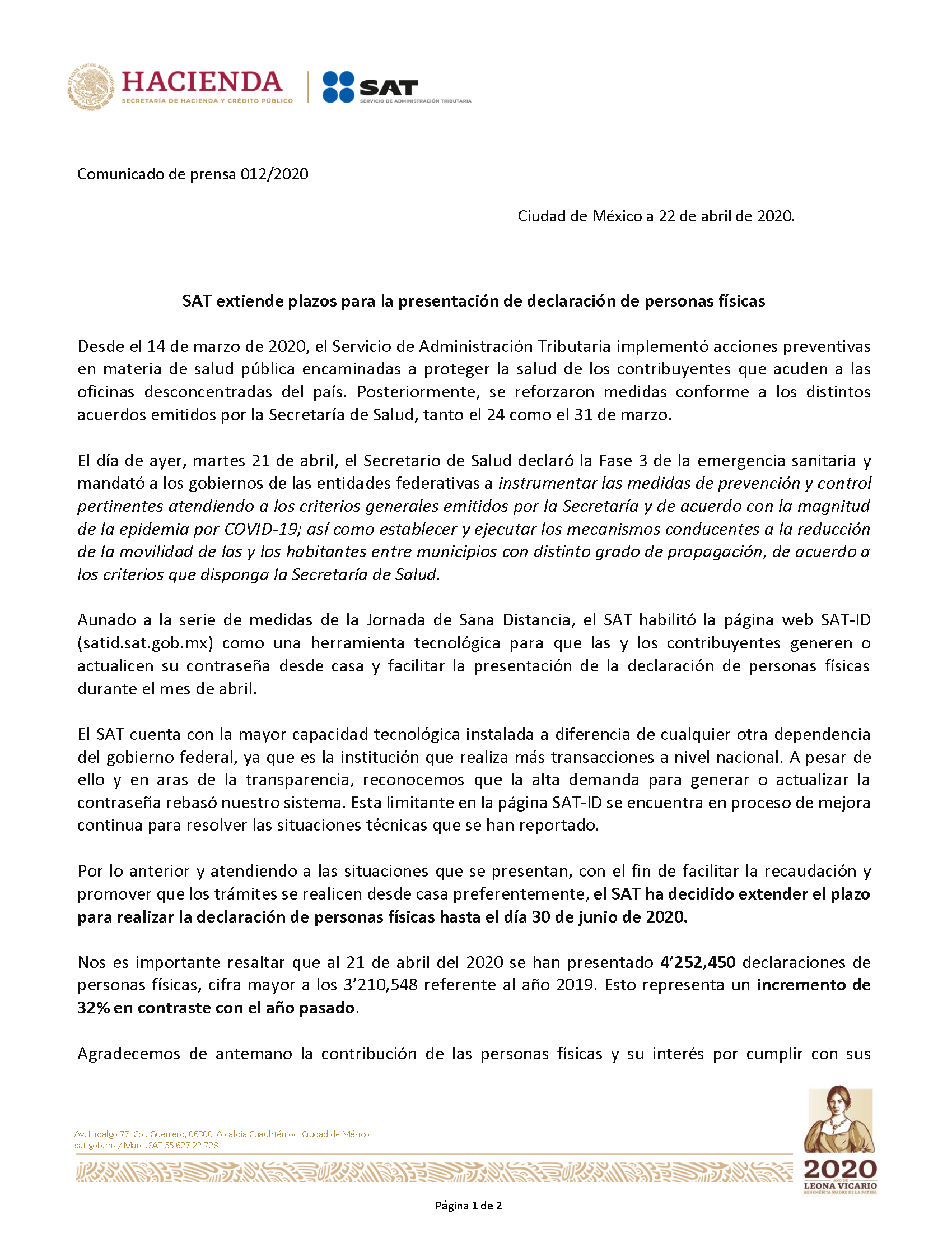 SAT extiende plazos para la presentación de declaración de personas físicas