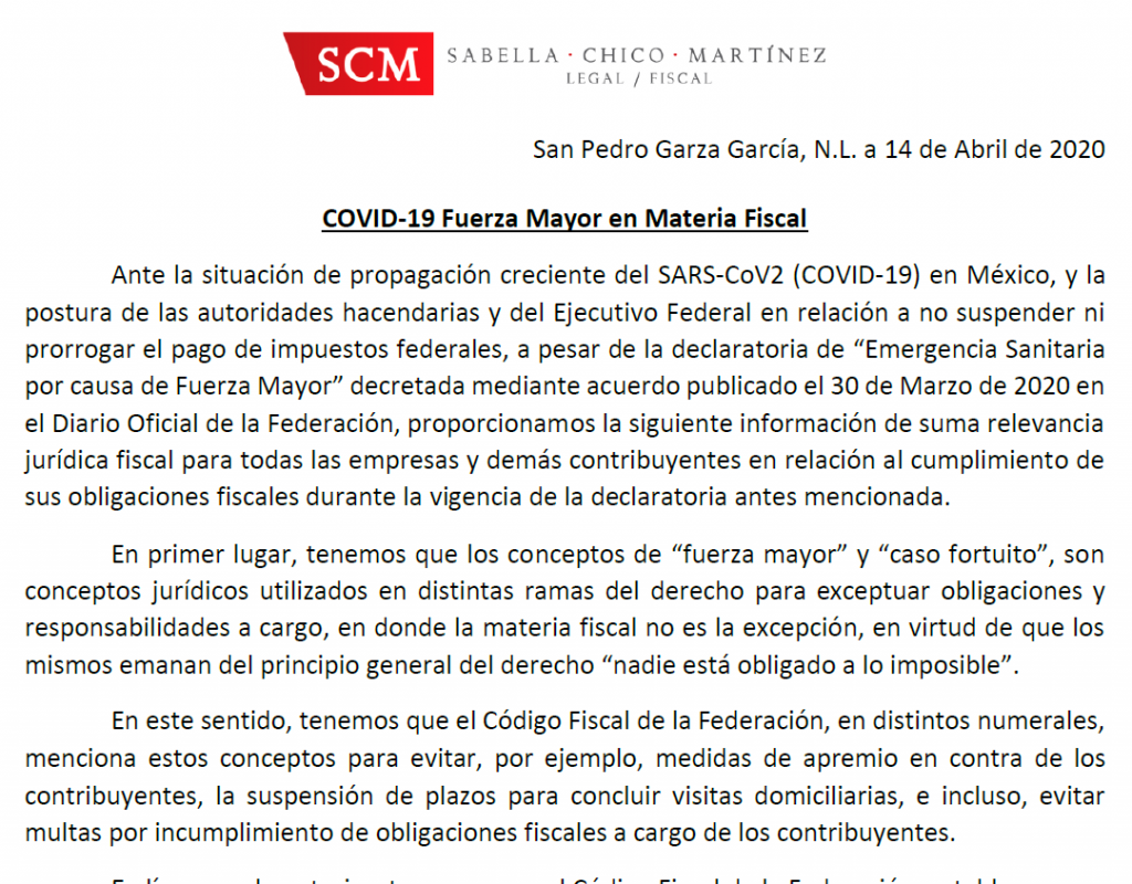COVID-19 Fuerza Mayor en Materia Fiscal