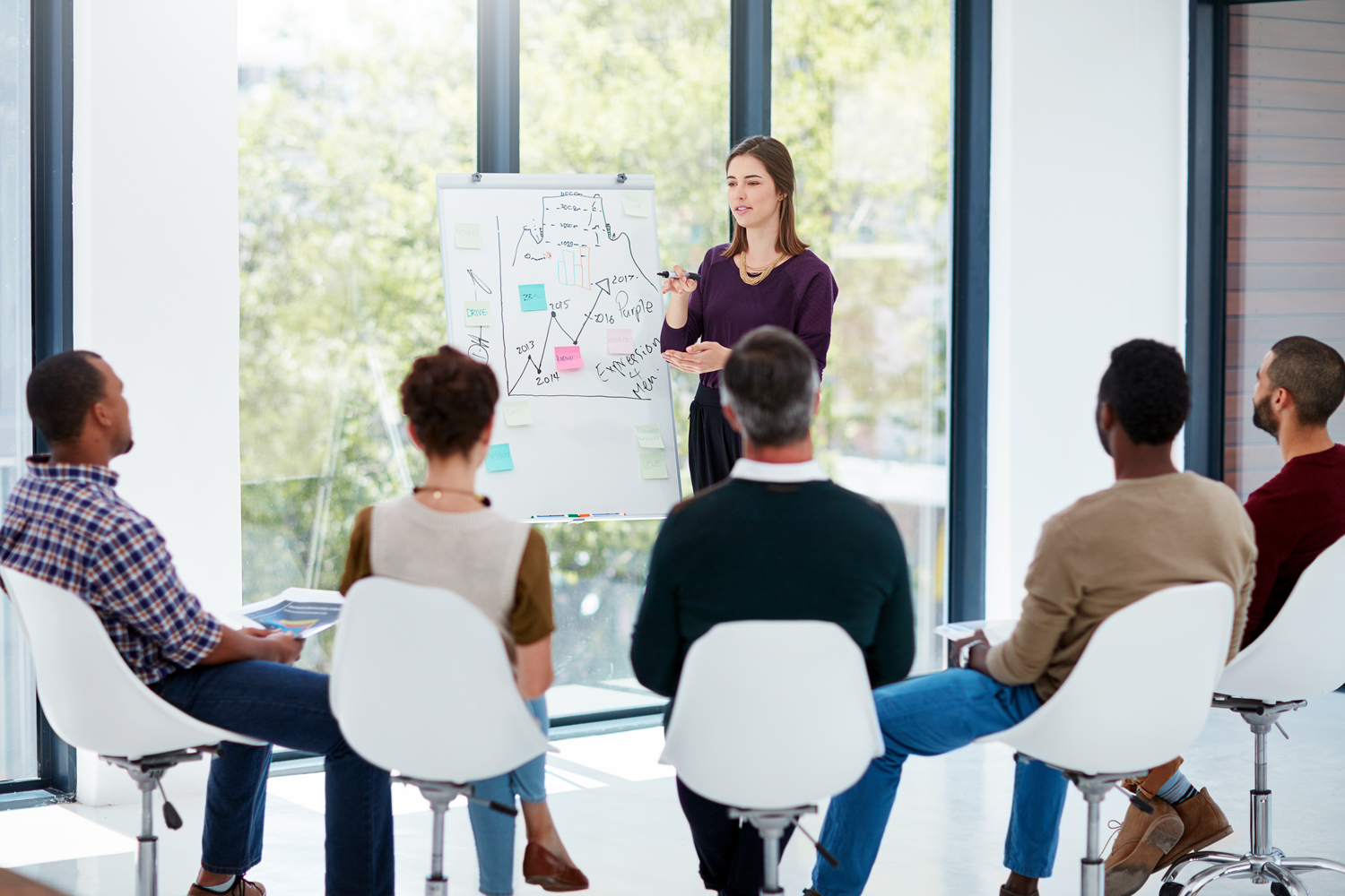 Capacitación para empresas Capacitación para empresas en entorno iluminado, fen donde explican con un esquema en rotafolio frente a grupo atento y participativo.