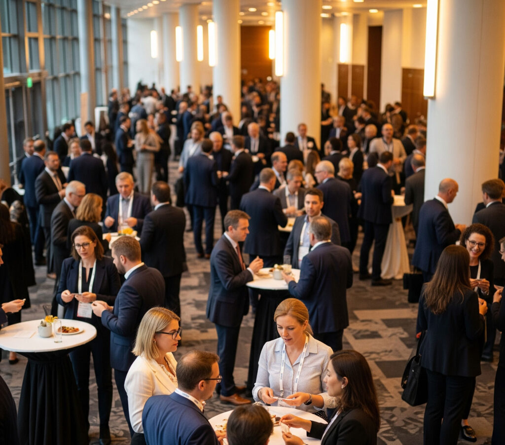 Hay mesas para los eventos y networking, es una conferencia y hay muchas personas