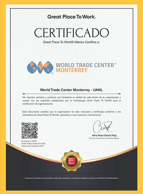 Certificado GPTW World Trade Center Monterrey-UANL